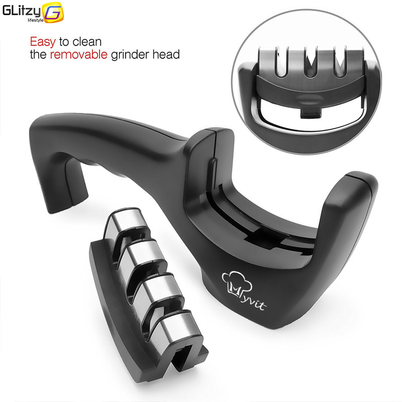 Aiguiseur de Couteau Anti-Dérapant 3 en 1 Affûteurs manuels Convient à Toutes les Tailles de Couteaux de Cuisine 3 Processus d'Aiguisage Anti dérapant Finition Mat Noire Ergonomique