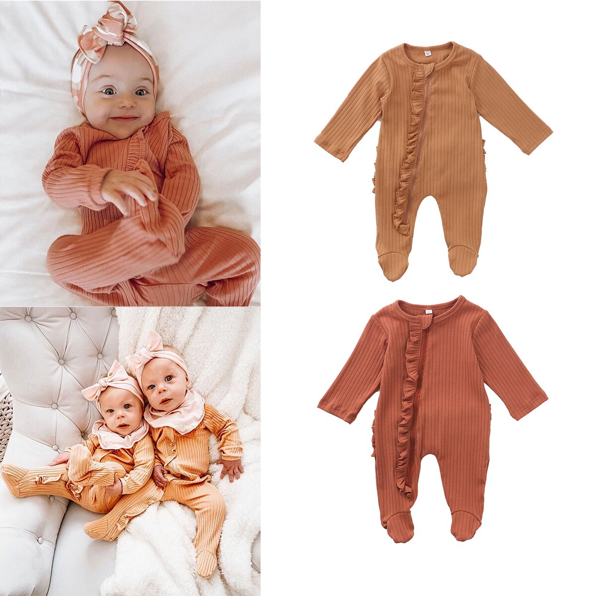 0-6M All Seasons Outfits Newborn Infant Baby One-piece Footed Pajamas Candy Colors Long Sleeve Ruffle Zip Nightclothes Sleepwear