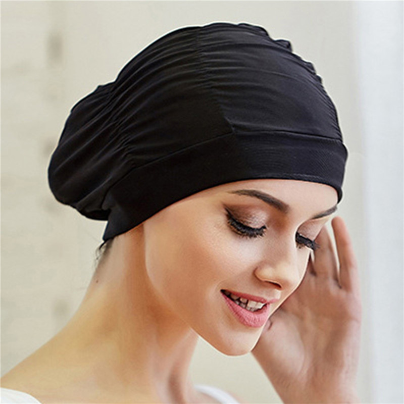 Gorro de baño de nailon elástico para mujer y niña, gorro de baño de pelo largo, drapeado elástico, tamaño libre, turbante deportivo para piscina: Borgoña