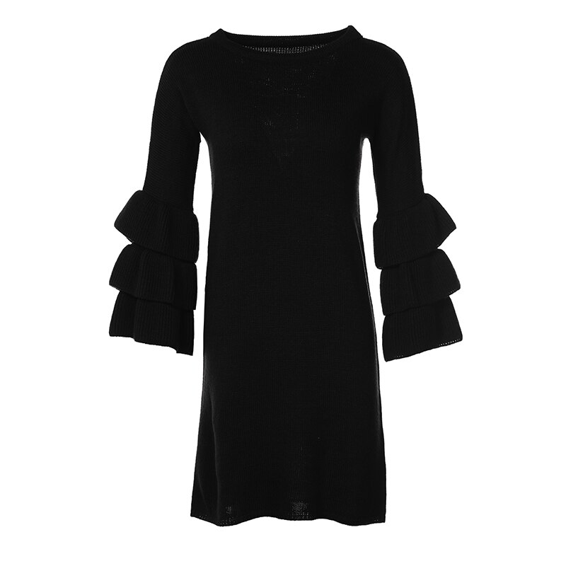 Wixra O-Neck Butterfly Sleeve Knitted Mini Dresses Women Dress Female Autumn Pretty Short Sweater Dress For Women: Black / S