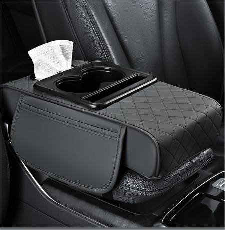 PU Leather Car Armrest Box Heightening Cushion with Cup Holder Tissue Box Side Storage Pocket Arm Rest Cover Height Pad: WHITE