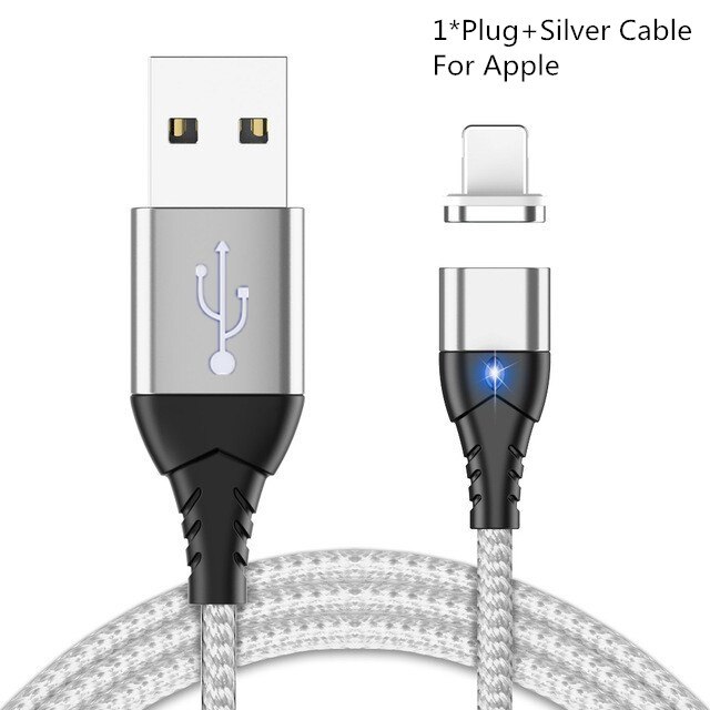 Magnetische Micro Usb Kabel 1M 3A Voor Iphone Samsung Type-C Opladen Lading Magneet Charger Adapter Usb Type C Mobiele Telefoon Kabels: Silvery For Apple