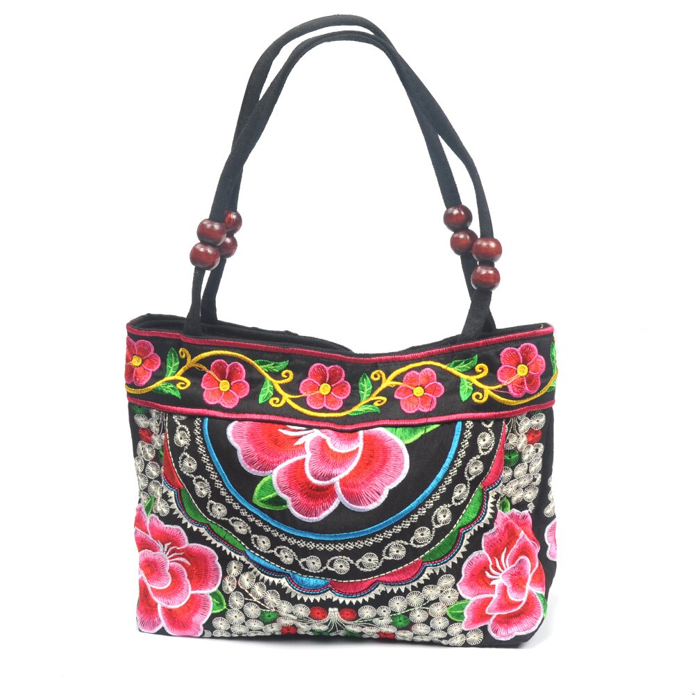 Borduurwerk Etnische Reizen Schoudertas Vrouwen Tassen Handgemaakte Dubbele Geconfronteerd Bloem Vintage Geborduurde Canvas Hout Kralen Handtas: 4