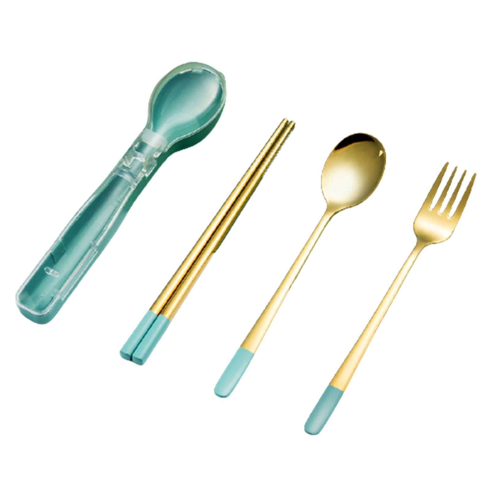 Portable Stainless Steel Cutlery Set with Storage Case Durable Fork Spoon Chopsticks for Home Office Camping HY99: Light green gold