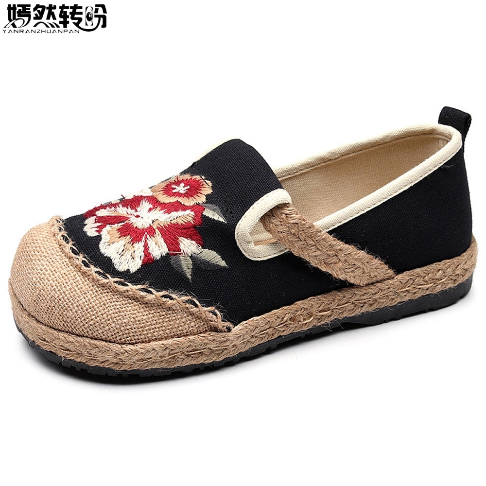Vegan Handmade Women Linen Cotton Loafers Espadrilles Flower Embroidered Ladies Casual Flat Platform Sneakers Shoes