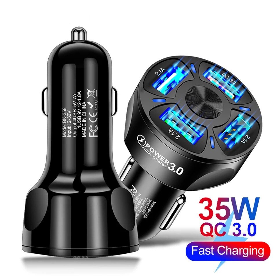 Usb Autolader Qc 3.0 4 Poort 35W/7A Fast Car Charger Adapter Mini Sigarettenaansteker Usb Lader voor Auto &#39;S Snel Opladen