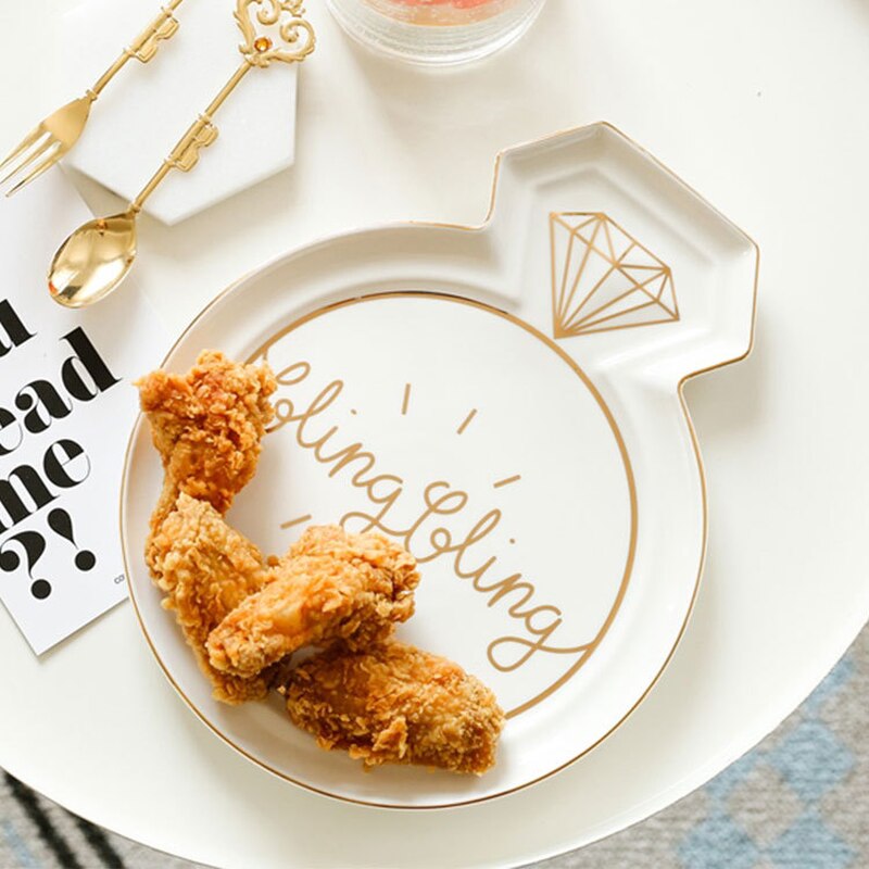 Plato grande de cerámica con corona dorada y diamantes, plato de joyería para desayuno, platos occidentales para comida y fruta, decoración de la bandeja para guardar artesanales