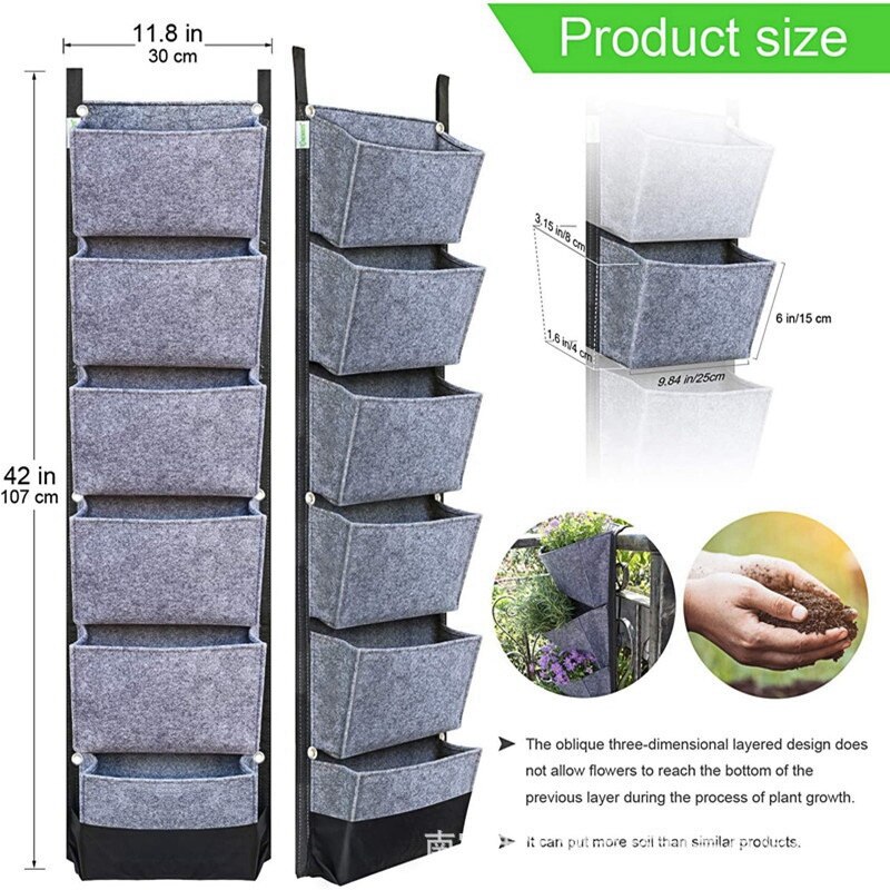 Bolsa Vertical para plantas, maceta de jardín colgante de pared con 6 bolsillos, macetas de flores, bolsas de fieltro grandes para decoración del hogar y jardín