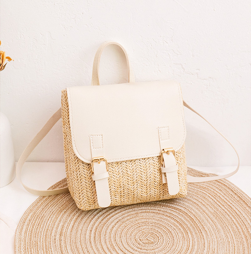 Vintage Straw Backpack Women's Shoulder Bag Versatile Straw Woven PU Leather Luxury Small Backpack