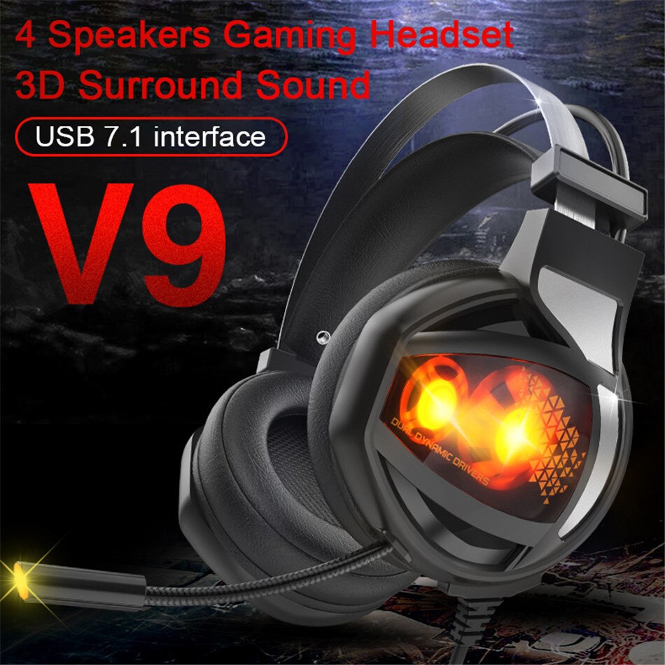 Gaming headphone USB 7.1 3D Stereo wired gamer headset with mic Voice control for PC laptop computer game headphones V9