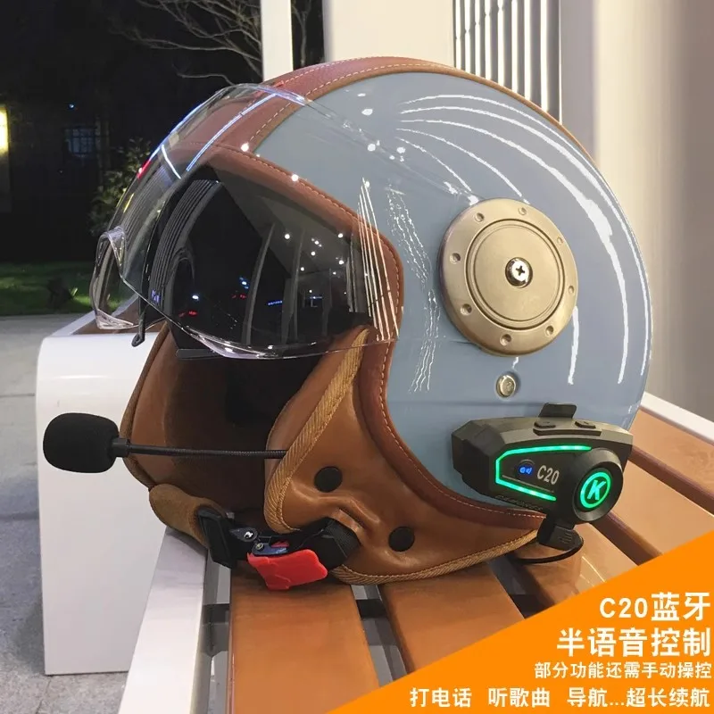 Elektrische Motorrad Intelligente Bluetooth Helm Warme Gehörschutz Motorrad Retro Stil Helm Drei-viertel Halb Helm: Gold