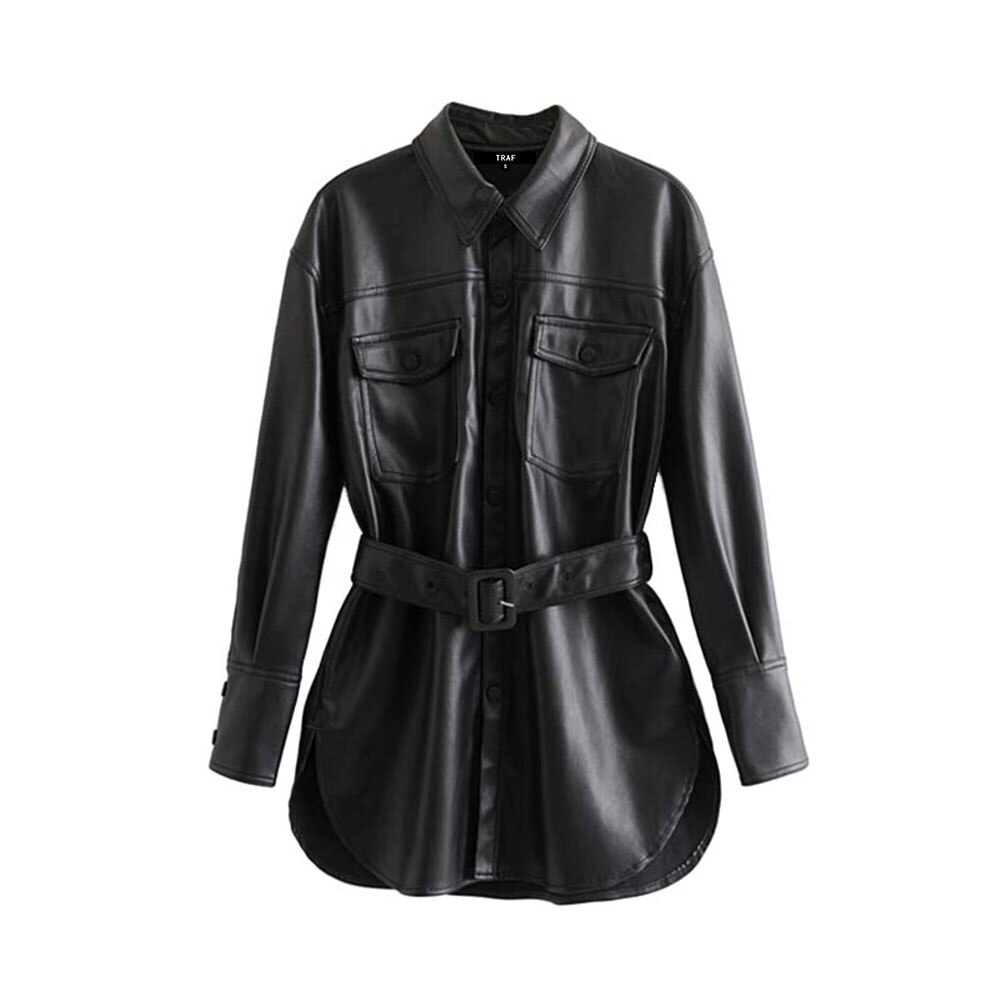 Traf Vrouwen Vintage Stijlvolle Faux Leather Met Belted Jacket Coat Lange Mouwen Zakken Zijsplitjes Pu Bovenkleding Chic Tops: S