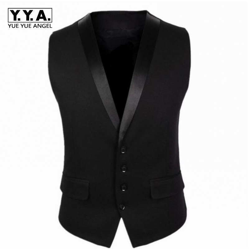 Nueva de estilo británico para hombre cuello en V vestido de negocios tapas de ajuste Delgado solapa chaleco Formal chaleco traje negro