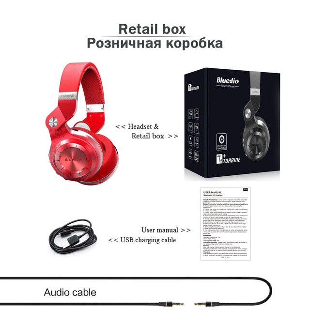Bluedio T2 Plus Bluetooth Hoofdtelefoon Draadloze Koptelefoon Stereo Handsfree Headset met microfoon voor mobiele telefoon: red with box