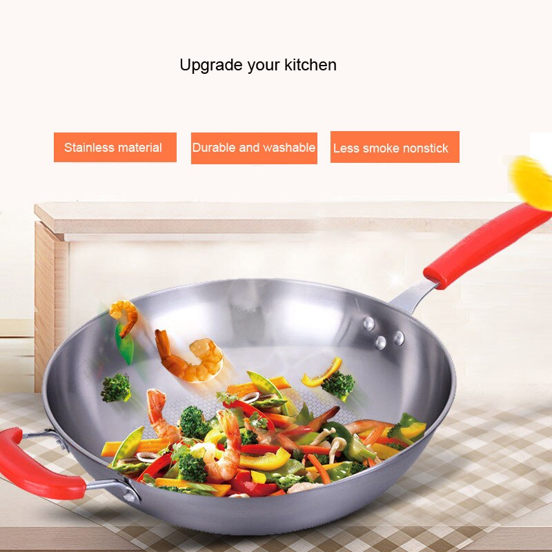 Geetest stegepande non-stick pande bagpå rustfrit stål wok 32/34cm husholdnings wok ingen olie røg gryde non-stick gryde