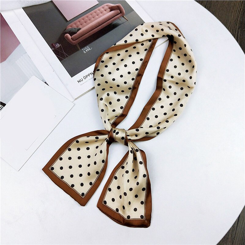 Pañuelo de lunares de seda para mujer, pañuelo para el pelo, cinta para el pelo, cinta para la muñeca, bandoleras para manualidades, bandoleras de satén, ajustado largo: Beige
