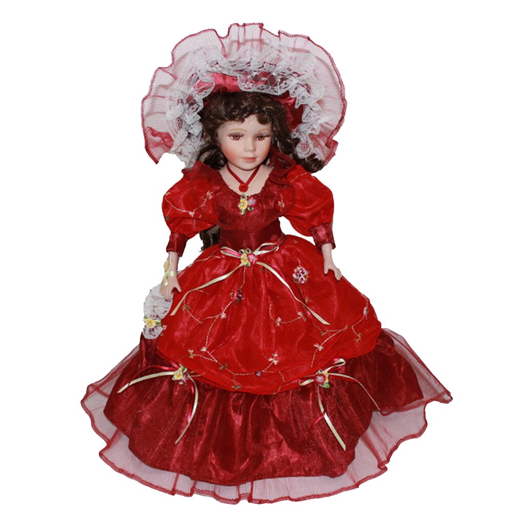 40cm Victorian Porcelain Female Doll Model In Red Long Dress Hat Home Decor