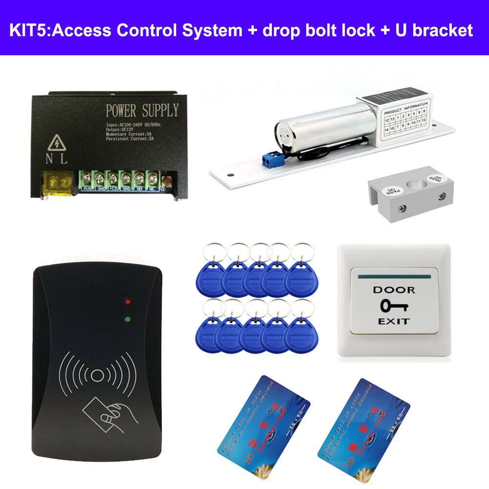 completed door access control system kit power supply+electric lock+exit button+10pcs ID key cards 2000 users IR remote switch: KIT5