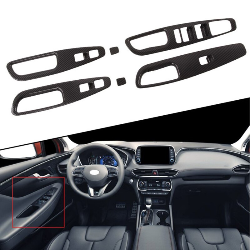 Carbon Fiber Car Window Lift Switch Button Cover Trim Door Armrest Panel Frame Accessories for Hyundai Santa Fe +