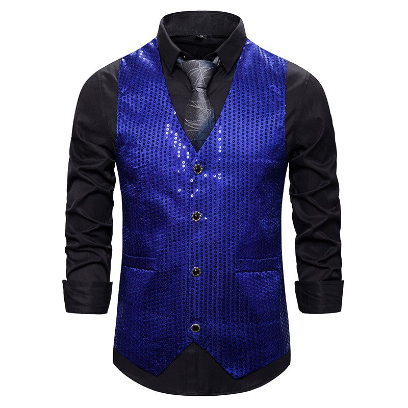 Herenkleding herfst toevallige enkele breasted straight vest jeugd stage kostuums kleine pailletten als zanger MC vest: sapphire / XXL