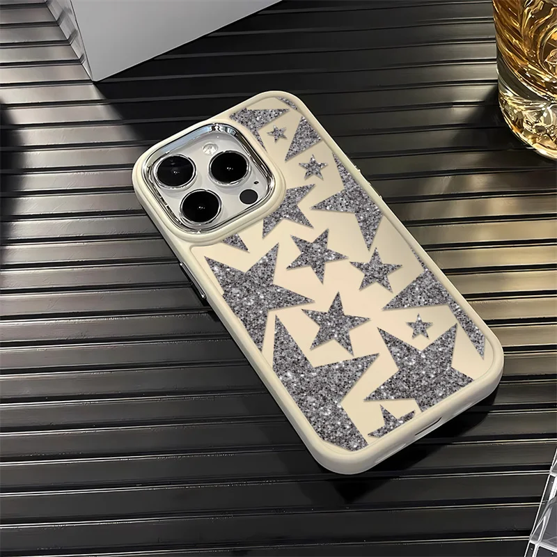 Funda de teléfono plateada con de estrella de cinco puntas para IPhone 16e 15 Pro 16 14 13 12 11 Pro Max 7 8 PIus XR, funda de silicona con marco de Metal: PP / Negro