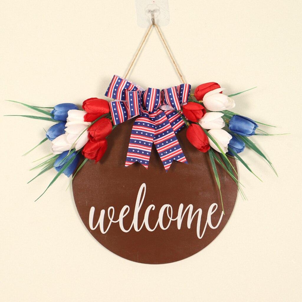 Rustic Welcome Round Wood Sign and Bow Farmhouse Wall Front Door Decoration