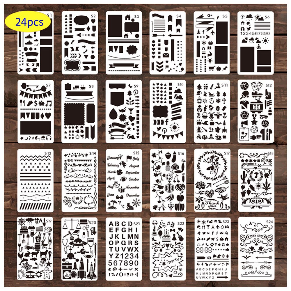 36Pcs Tekening Stencils Kit Pet Materiaal Herbruikbare Schilderen Template Voor Diy Craft Scrapbooking Decoratie Hout Brander Pen Tool: 24 Pcs