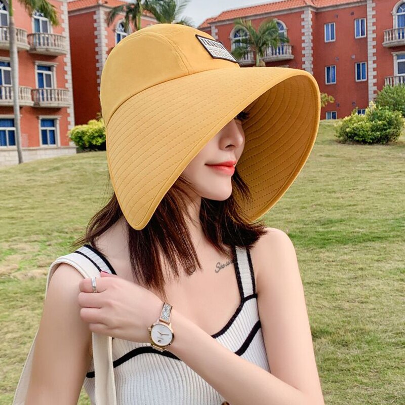 Sombrero de Sol de ala ancha anti-UV para mujer, visera de cara completa para vacaciones de verano, sombrero de cubo plegable de Panamá, sombrero de sol de playa coreano de ala grande,: Yellow