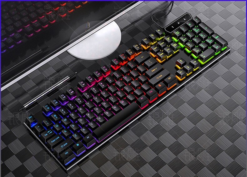 Teclado retroiluminado con cable para juegos, juegos de ratón con cable USB, 104 teclas, RGB mezclado, 3200DPI, para Noteboo: Black Keyboard