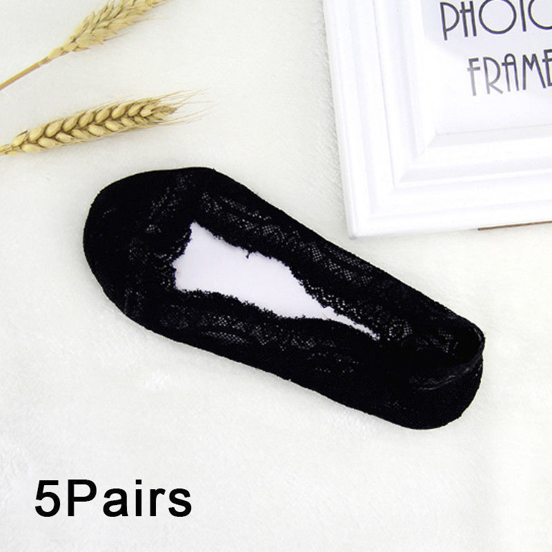 5Pairs Lot Ladies Women Girls Invisible Footsies Lace Sock Slipper Shoe Liner Trainer Ballerina Socks: Black