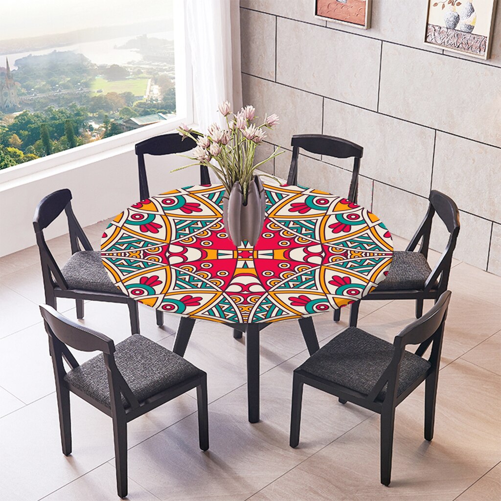 Round Vinyl Tablecloth Elastic Edge Flannel Backed Table Cover (Multi-Types, Small Round Fits Table up 59''-47''Diameter): Bohemia 1.2m