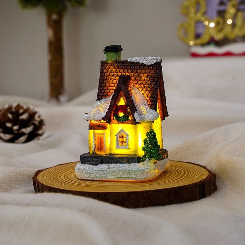 Christmas Decorations Resin Christmas Small House Micro-landscape Light Snow House Display A Christmas: light green