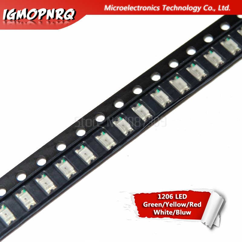 100 stuks Groen Geel Rood Blauw Wit 1206 SMD LED diodes light