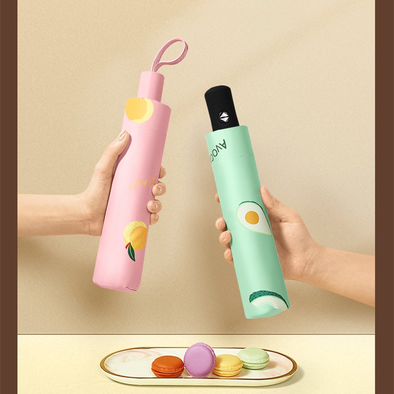 Bärbara helautomatiska 8k- vikbara parasoll fruktmönster parasoller anti-uv vattentätt damparaply