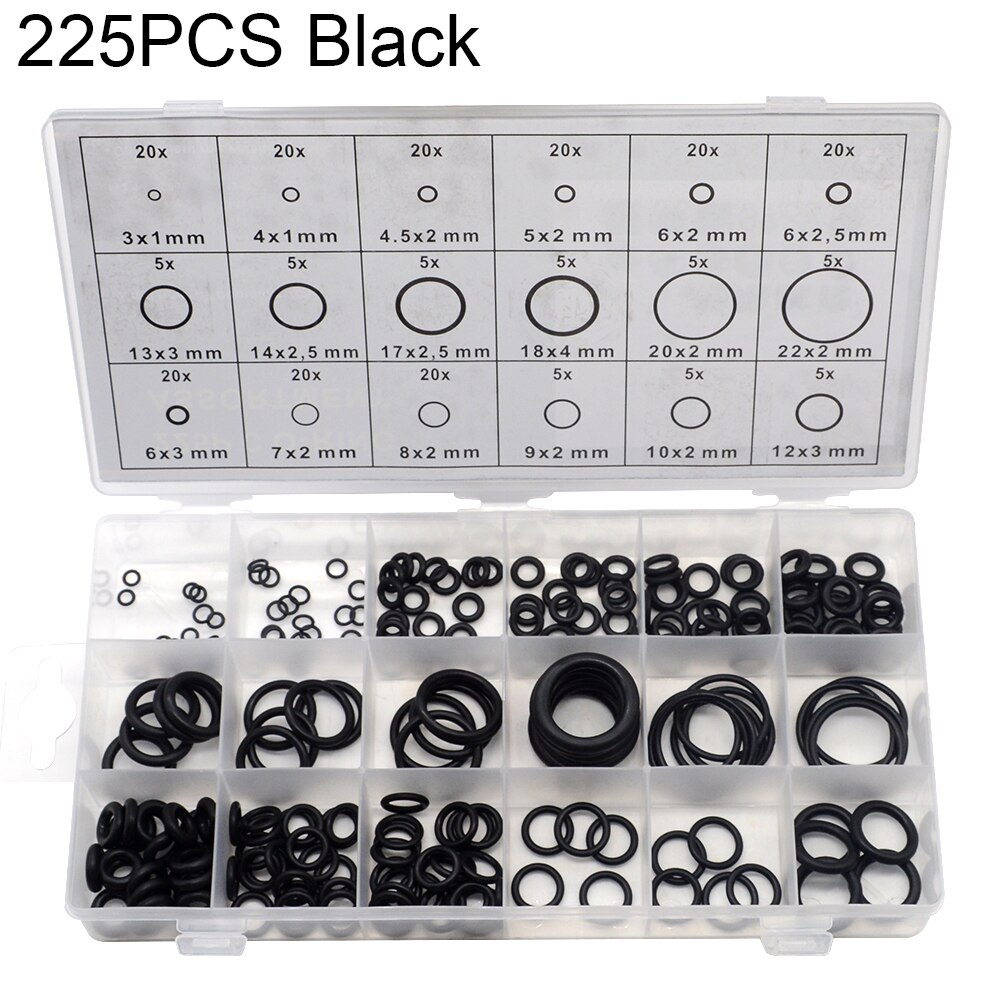 O-ring gummiring tætninger sortiment sorte o-ring tætninger sæt nitril skiver til bil pakning: 225 stk sort