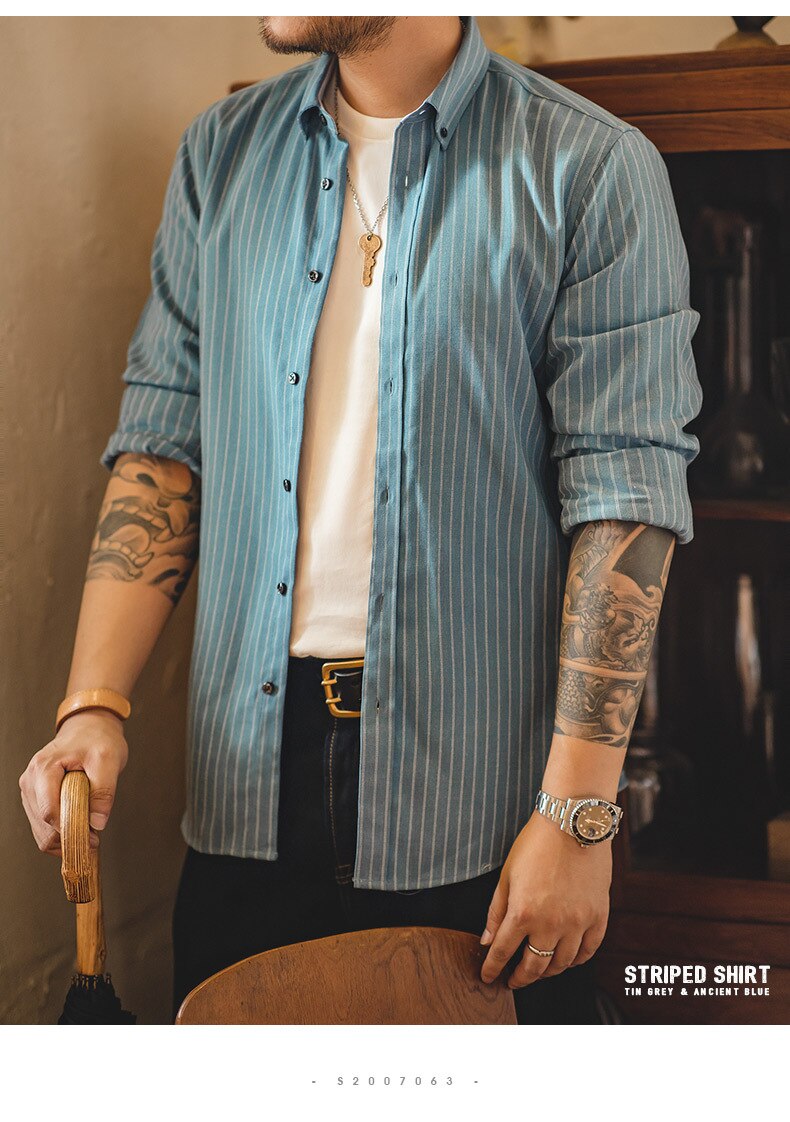 Hommes chemise américaine rétro brossé bleu pinrayure chemise à manches longues Hong Kong style japonais décontracté chemise hommes vêtements
