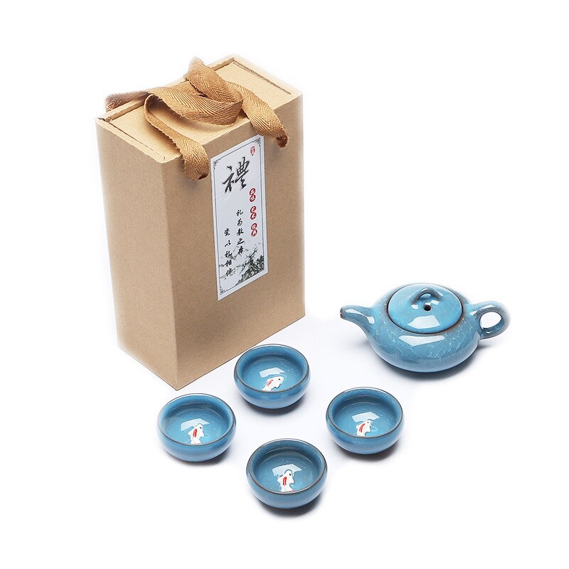 Carp Ice Crack Chinese Tea Travel Set Kung Fu Tea Set Ceramic Portable Teapot Porcelain Teaset Gaiwan Tea Cups Tea Tool: BlueA 5Pcs Gift Box
