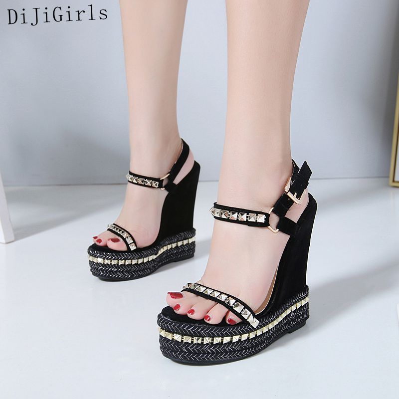 DiJiGirls sandales à talons compensés chaussures femmes talons hauts plate-forme compensée Rivet sandales Street Beat Party chaussures été pompes taille 9
