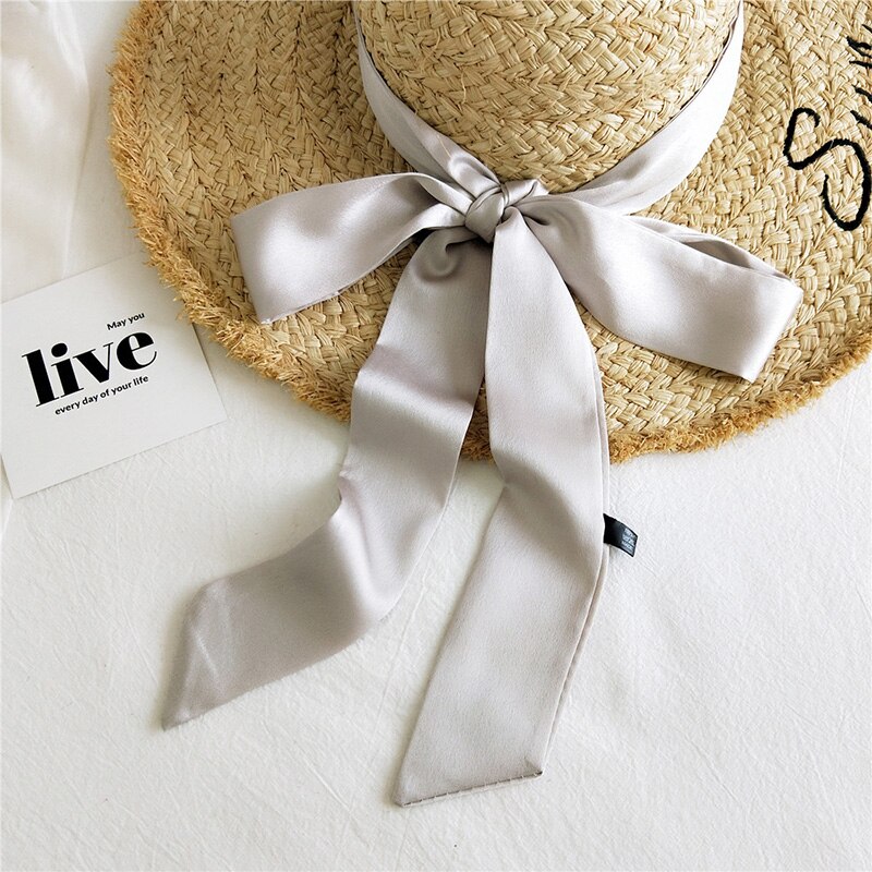 Solid Color Small Neckerchiefs Women Long Ribbon Hairband Satin Silk Scarf Lady Belt Tie Handbag Ribbons Hair Scarves: grey