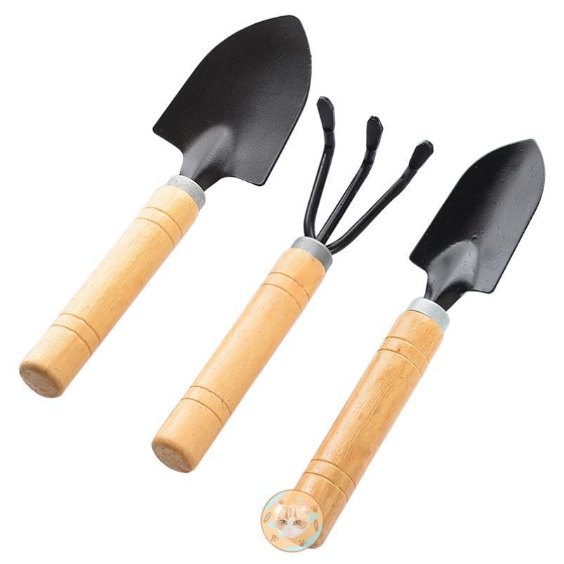 Mini herramientas hortícolas, juego de tres piezas para jardinería de plantas en macetas, mango de madera, herramientas agrícolas, rastrillo de pala: Oro