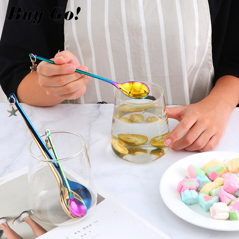Bunte Edelstahl Kleine Kaffee Löffel Rühren Regenbogen Löffel Schöne Ohrring Abendessen Löffel Griff Teelöffel Küche Geschirr