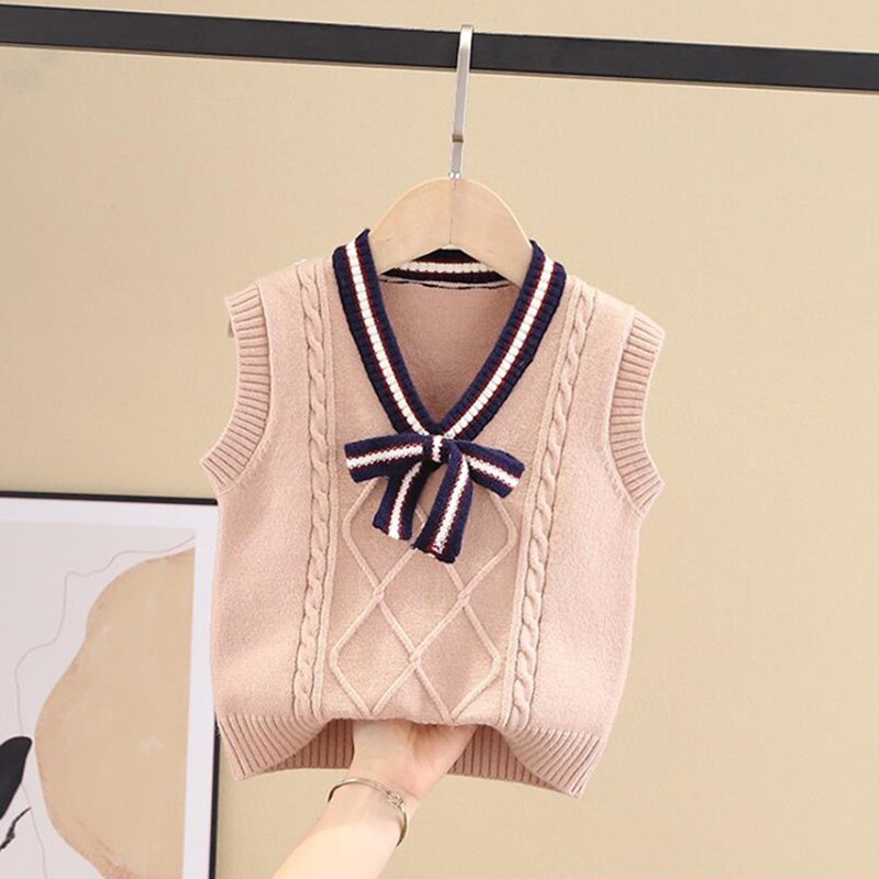Wiosna jesień śliczne bowknot sweter nastolatek chłopięcy sweter w szpic kamizelka dzieci kamizelka szkoły dziewczyny zimowe swetry