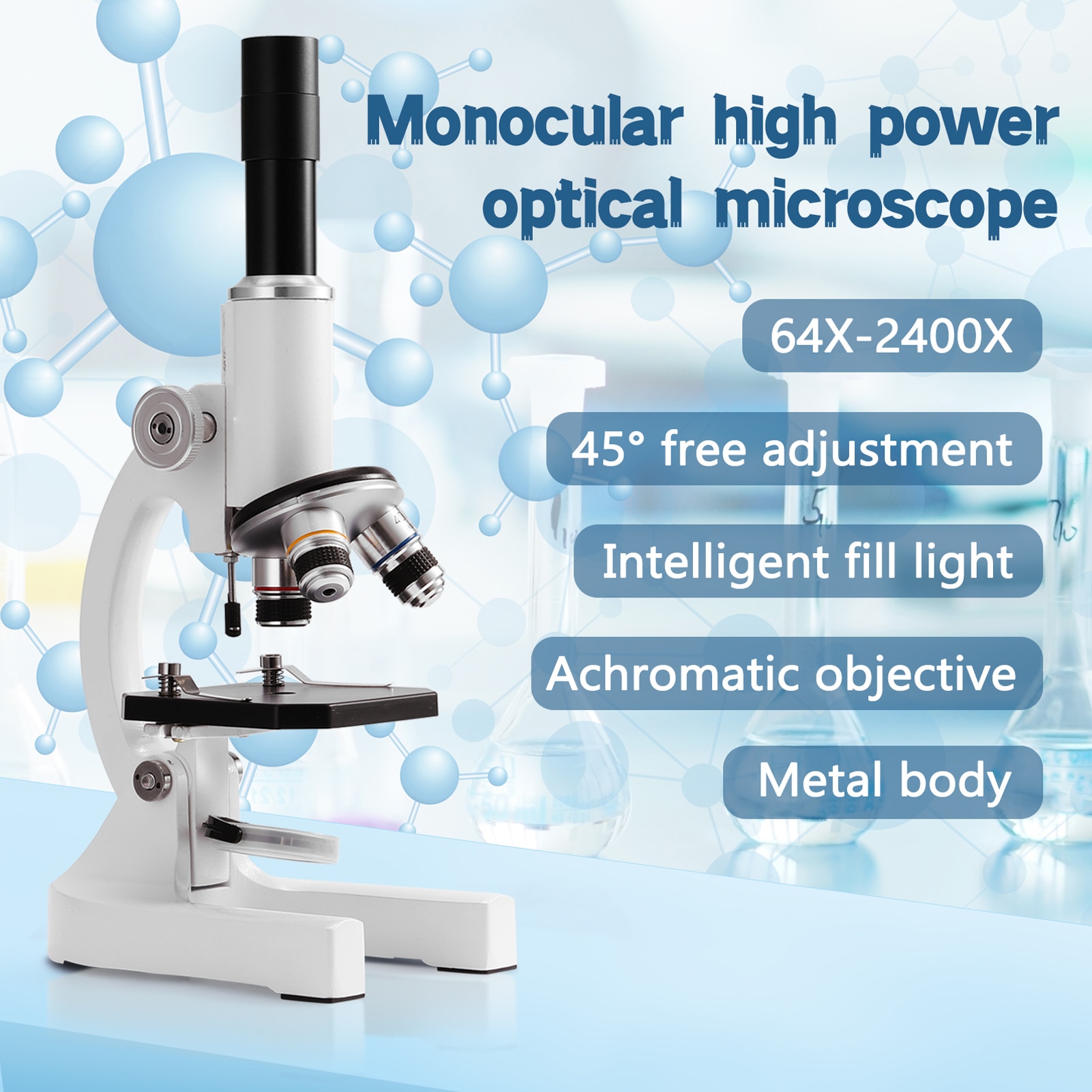 Meterk 64X-2400X Monocular Optical Microscope Elementary School Children Science Experimental Biology Teaching Microscope