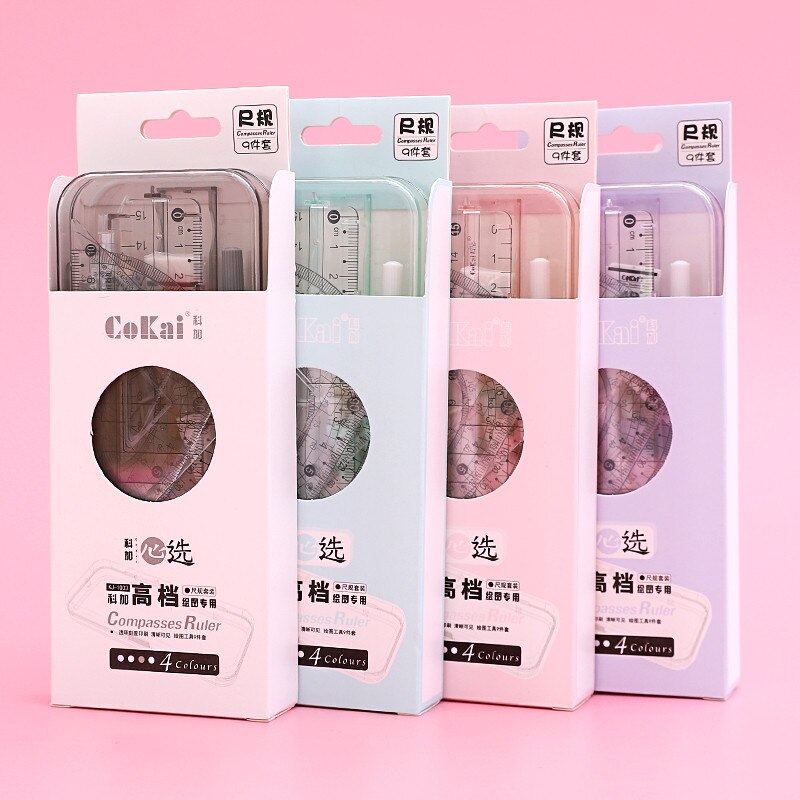 9pcs/set Drawing Compasses Drafting Straight Ruler Test Protractor Compass Tool Math Geometry Set Painting Tool