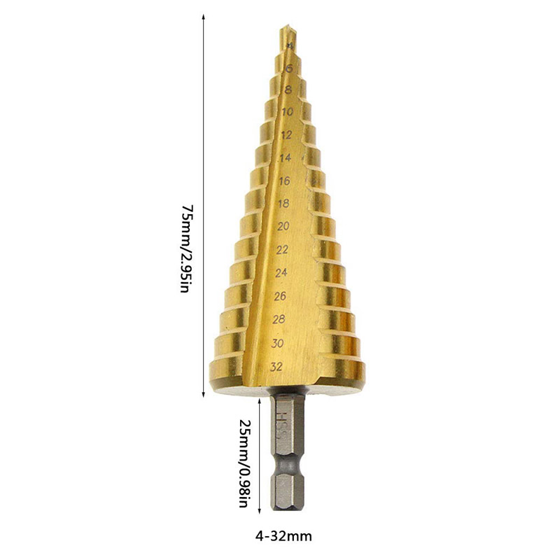 Hss Step Cone Conical Drill Bit Set Hole Milling Cutter Titanium Coating Hexagon/Triangle Shank: Hexagon-4-32