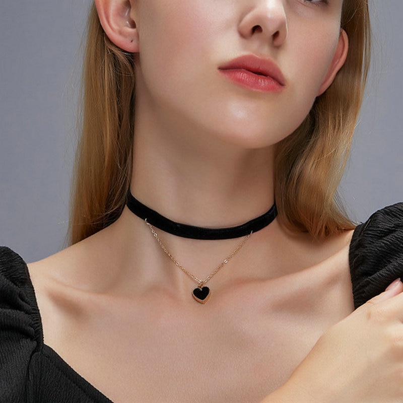 Nuovo Velluto Nero Della Collana Del girocollo strato di Oro di Amore Del Pendente Doppia Catena corta sbarra Chokers Della Collana per Le Donne collares Gioielli Regalo