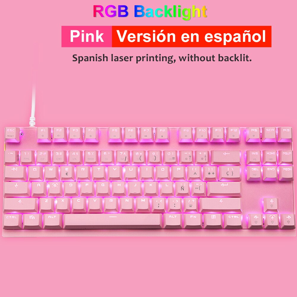 Motospeed USB Wired 87 Key Gaming Mechanical Keyboard RGB Backlit Russian Spanish for Computer Laptop Mac Windows Android: Pink Spanish / Red Switch