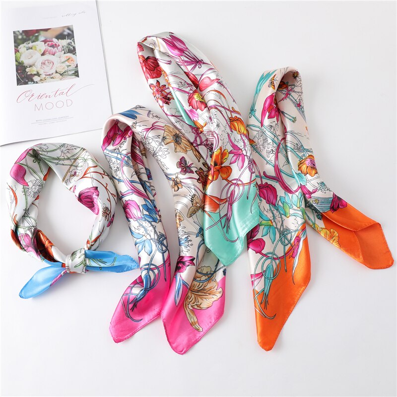 Femme Zijden Sjaal Tas Tie Haarband Foulard Kleine Zakdoek Elegante Bloemenprint Vrouwen Hoofdband Skinny Bandana