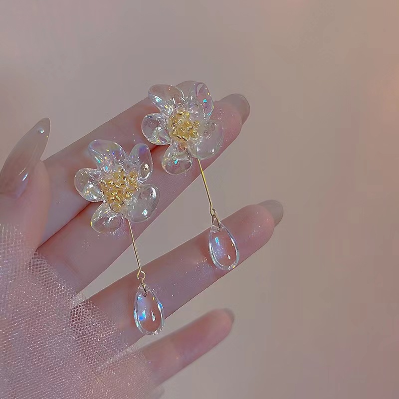 Korean Acrylic Flower Earrings For Women Long Tassel Transparent Crystal Earring Jewelry Wedding: BRONZE
