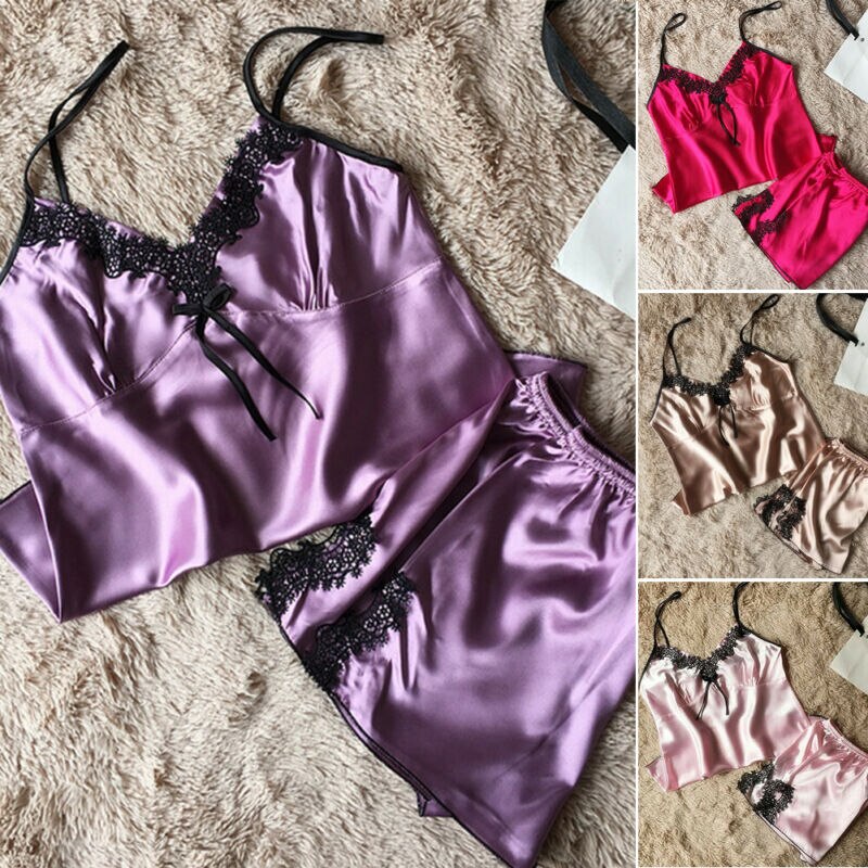 Vrouwen Satijn Zijde Nachtkleding Babydoll Lingerie Nachthemd 2 Pc Set Mode Dames Pyjama Sets